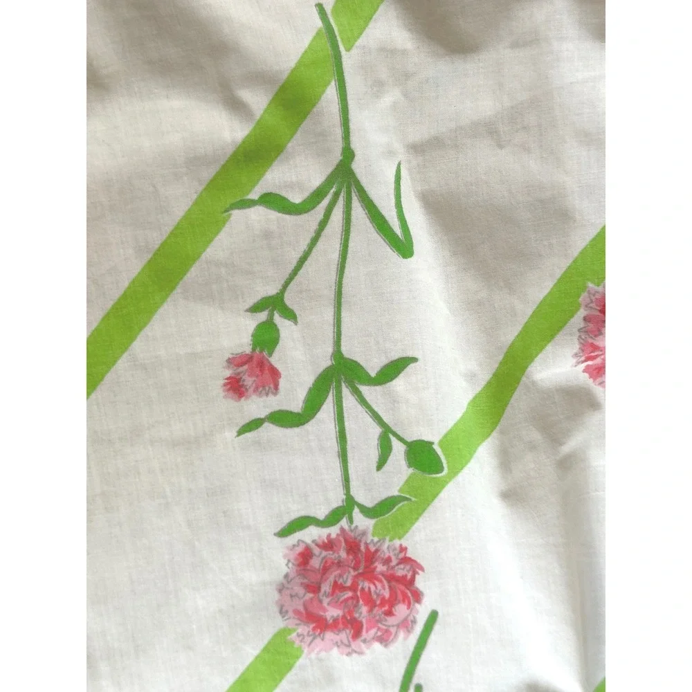 Vintage Floral Fitted Sheet Pink Carnations Lime Green Stripes Cottagecore Retro
